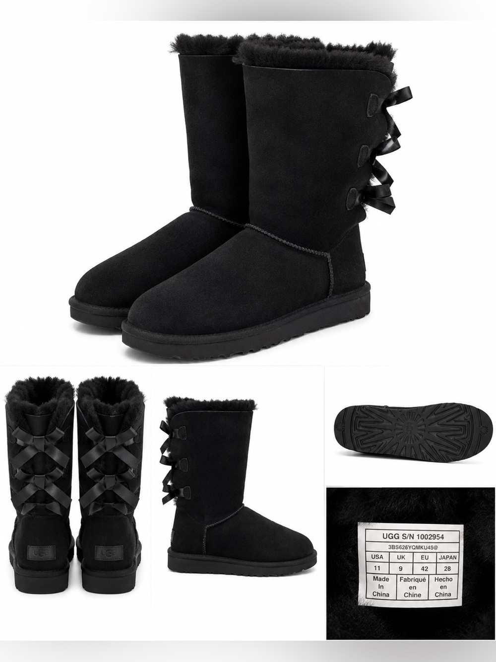 UGG Bailey Bow Tall Black Suede Shearling Boots Triple Bows Women’s 11